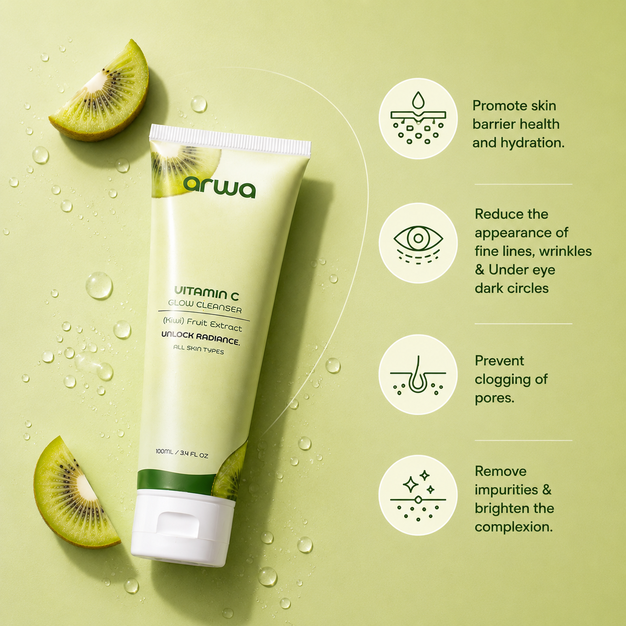 Vitamin C Glow Cleanser (Kiwi Extract) Arwa Skin Care